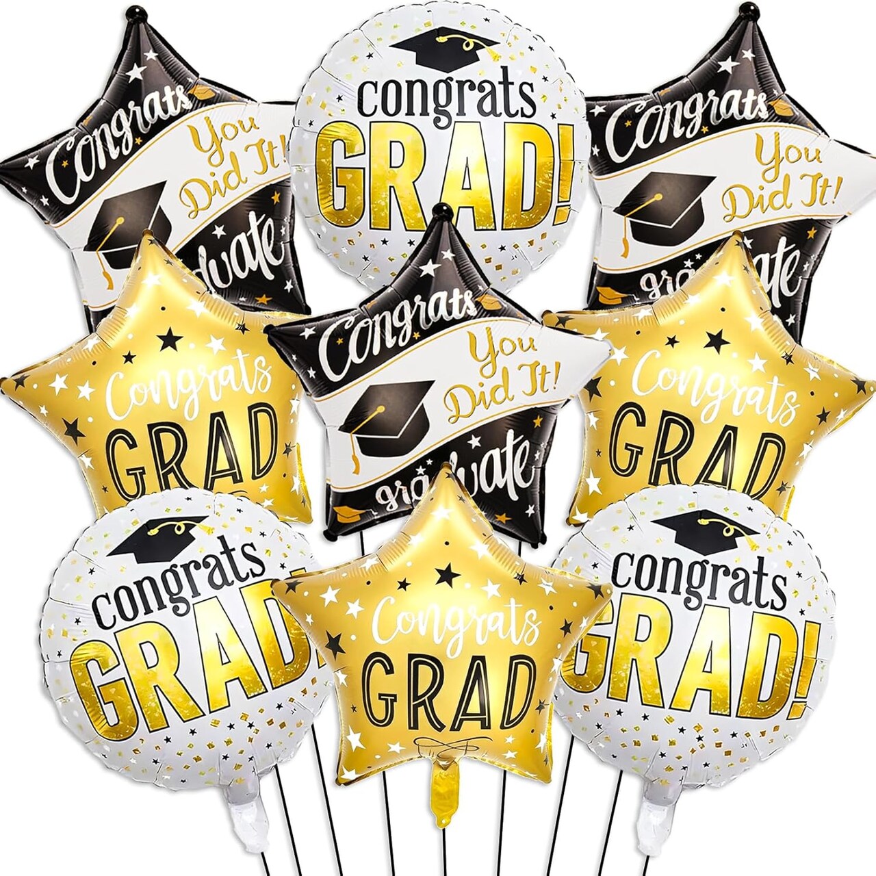Graduation Party Balloons 2026 – 18-Inch White, Gold & Black Foil Balloon Set for Class of 2026 Decorations (9PCS)